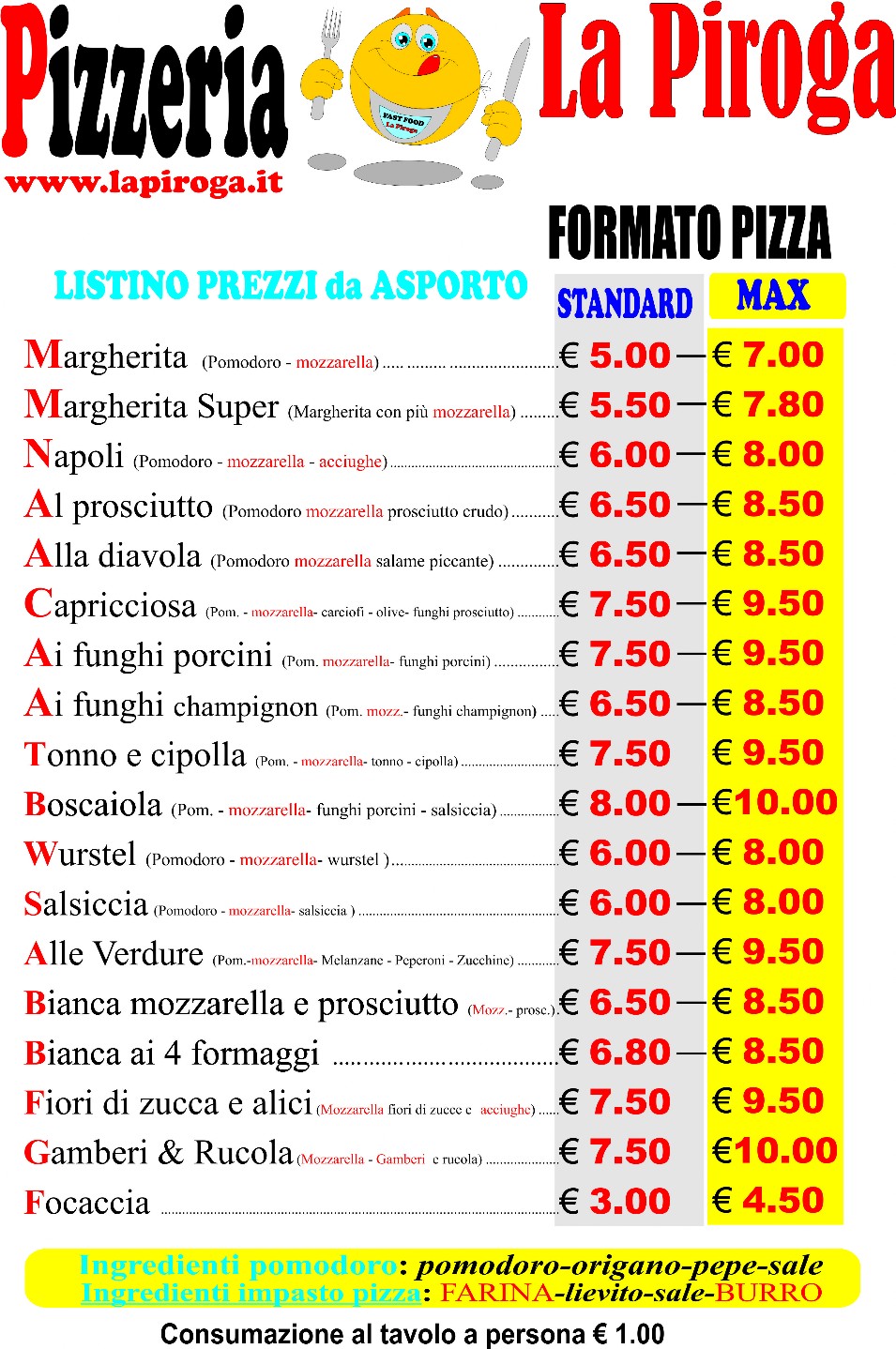 Menu Pizze Bar Pizzeria La Piroga